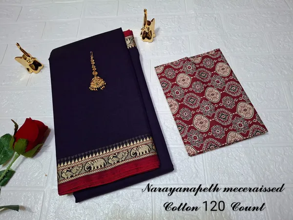 Violet_Blue_Aragini_NarayanpethMasarasaised__Cotton_Saree_With_Kalamakari_1_Meter_Blouse_Free_For_Women