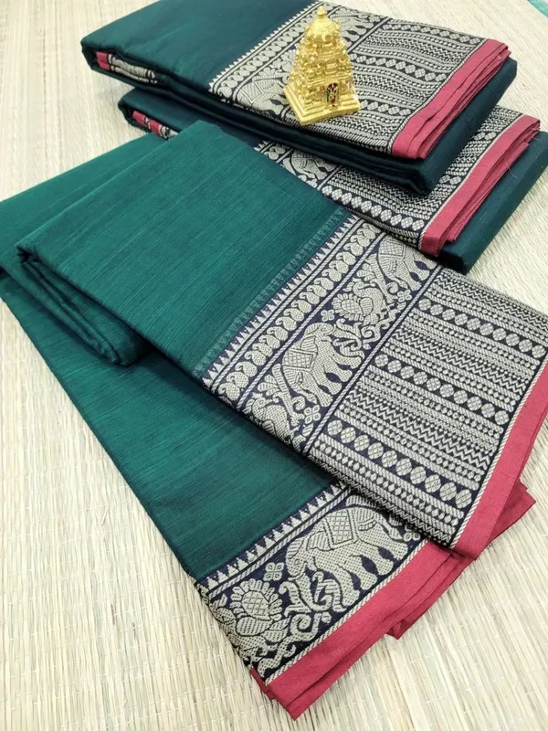Bottle_Green_Soundarya_Collection_And_Kalamkari_1_Meter_Matching_Blouse_Free_For_Women