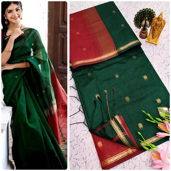 Botle_Green_With_Red_Pallu_Aditi_Mahehwari_Silk_Cotton_Saree_With_Kalamkari_1_Meter_Blouse_Free_For_Women