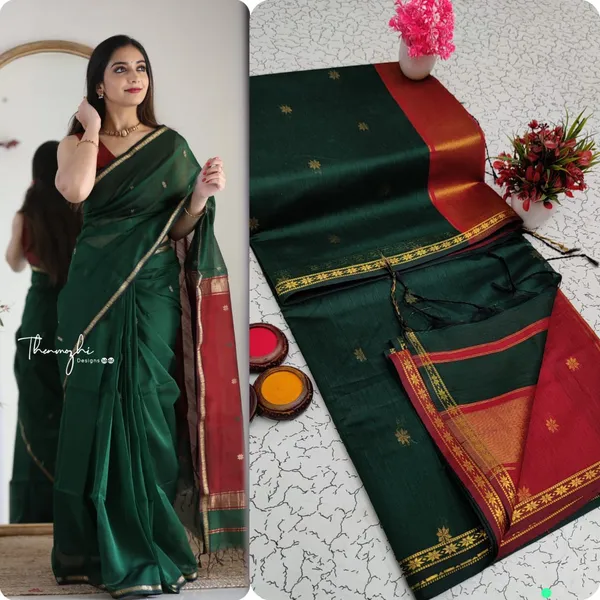 Botle_Green_With_Red_Pallu_Aditi_Mahehwari_Silk_Cotton_Saree_With_Kalamkari_1_Meter_Blouse_Free_For_Women
