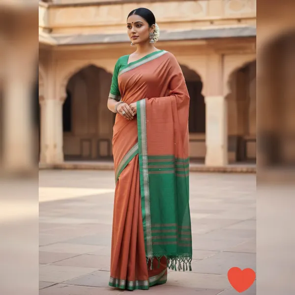 Deep_Orrange_Gouthami_Narayanpet_CottonMasarasaised__Saee_With_Kalamkari_1_Meter_Matching_Blouse_Free_For_Women