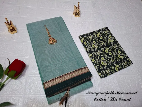 Aqua_Green_Gouthami_NarayanpethMasarasaised__Cotton_Saree_Wiith_Kalamkari_Blouse_1_Meter_Free_For_Women