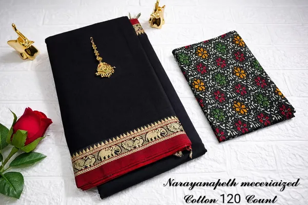 Black_With_Red_Border_Aragini_Narayanpet_Cotton_Masaraised_And_Kalamkari_1_Meter_Matching_Blouse_Free_For_Women