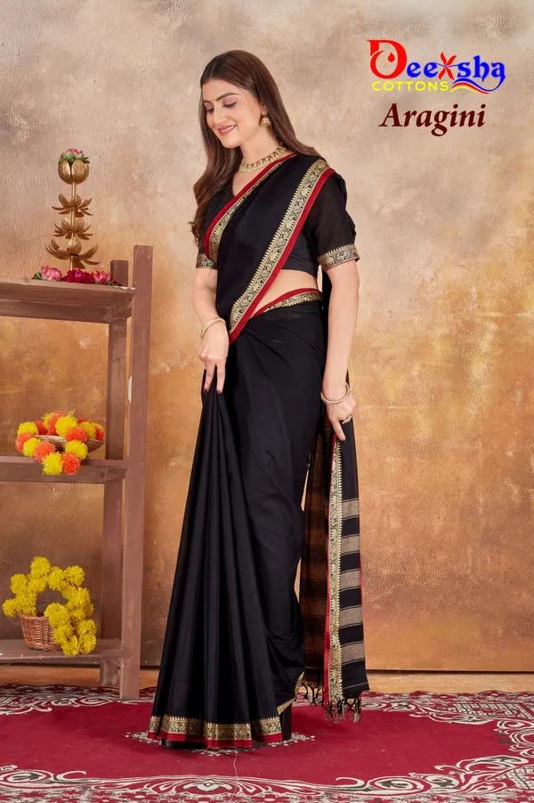 Black_With_Red_Border_Aragini_Narayanpet_Cotton_Masaraised_And_Kalamkari_1_Meter_Matching_Blouse_Free_For_Women