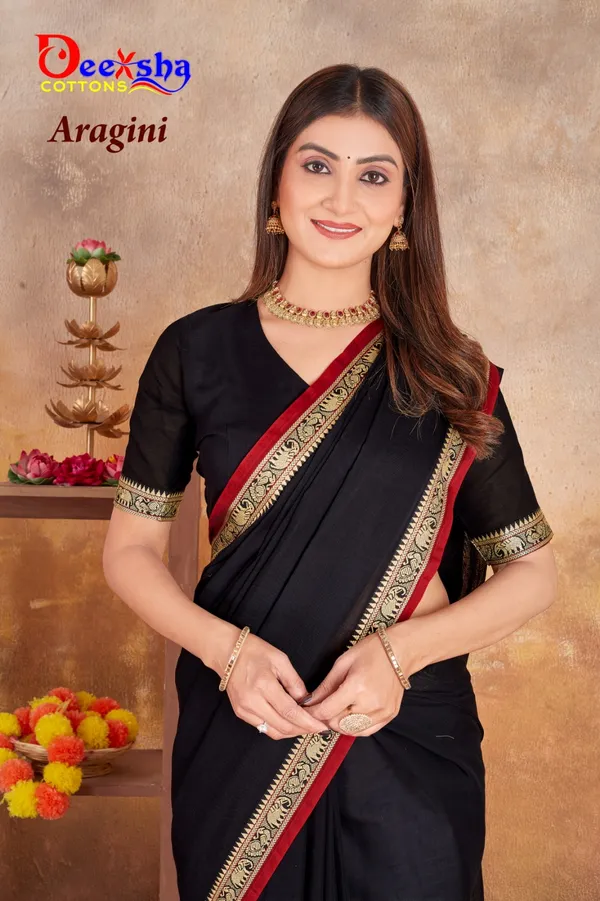 Black_With_Red_Border_Aragini_Narayanpet_Cotton_Masaraised_And_Kalamkari_1_Meter_Matching_Blouse_Free_For_Women