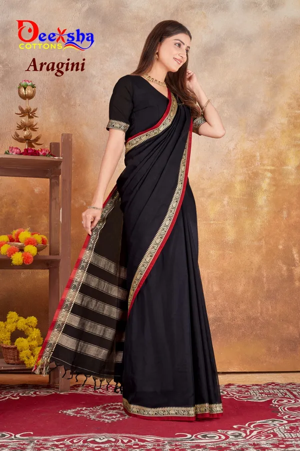 Black_With_Red_Border_Aragini_Narayanpet_Cotton_Masaraised_And_Kalamkari_1_Meter_Matching_Blouse_Free_For_Women