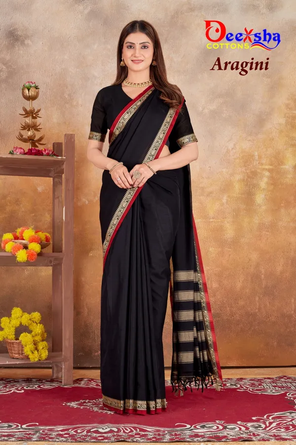 Black_With_Red_Border_Aragini_Narayanpet_Cotton_Masaraised_And_Kalamkari_1_Meter_Matching_Blouse_Free_For_Women