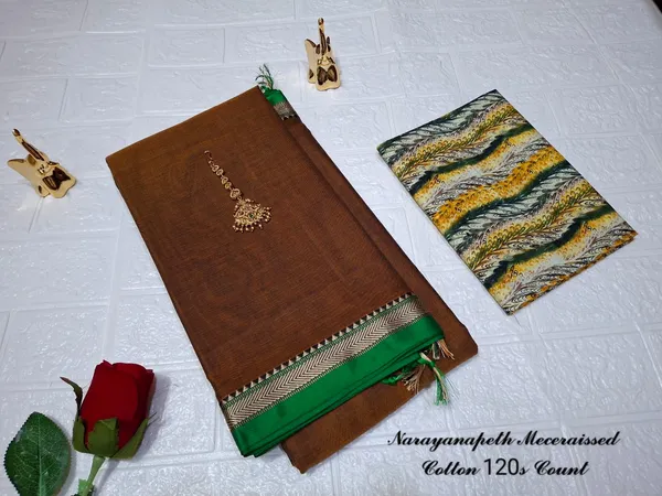 Amber_Brown_Gouthami_Narayanpet_CottonMasarasaised__Saee_With_Kalamkari_1_Meter_Matching_Blouse_Free_For_Women