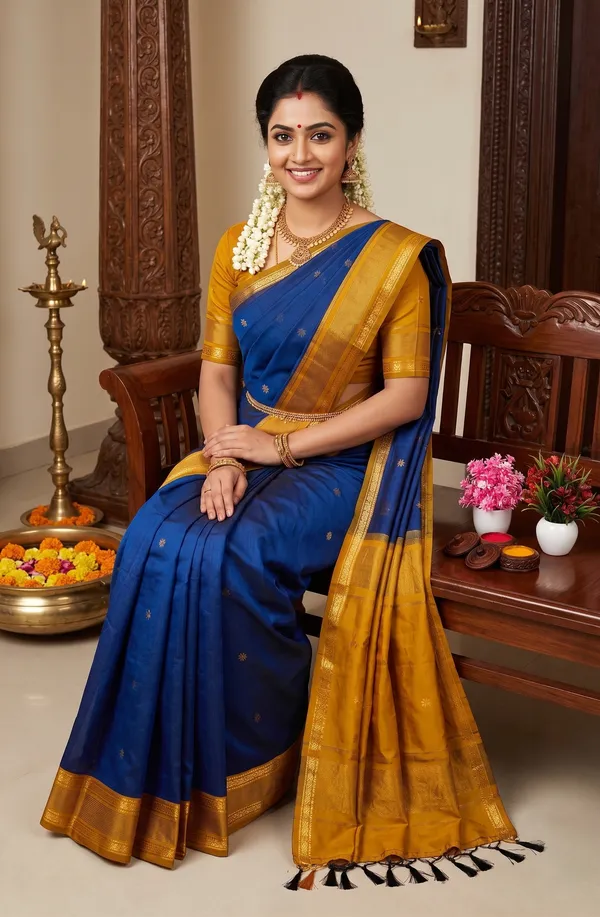 Royal_Blue_With_Yelllow_Pallu_Aditi_Mahehwari_Silk_Cotton_Saree_With_Kalamkari_1_Meter_Blouse_Free_For_Women