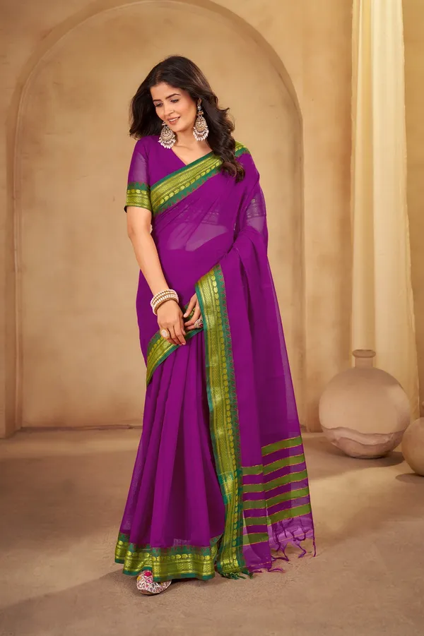 Magenta_Kajal_Collection_Pure_Cotton_Saree_And_Kalamkari_1_Meter_Matching_Blouse_Free_For_Women
