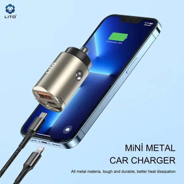 Gold_And_Grey_Car_Charger_With_Dual_Usb_C_And_Usb_A_Ports
