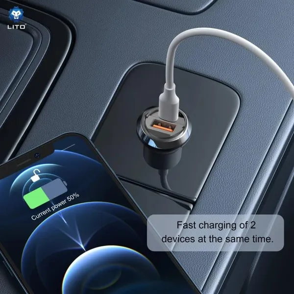 Gold_And_Grey_Car_Charger_With_Dual_Usb_C_And_Usb_A_Ports