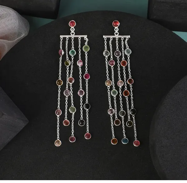 925_Silver_Jewellery_Multicolor_Gemstone_Elegant_Multi_Strand_Dangling_Earrings_For_Women