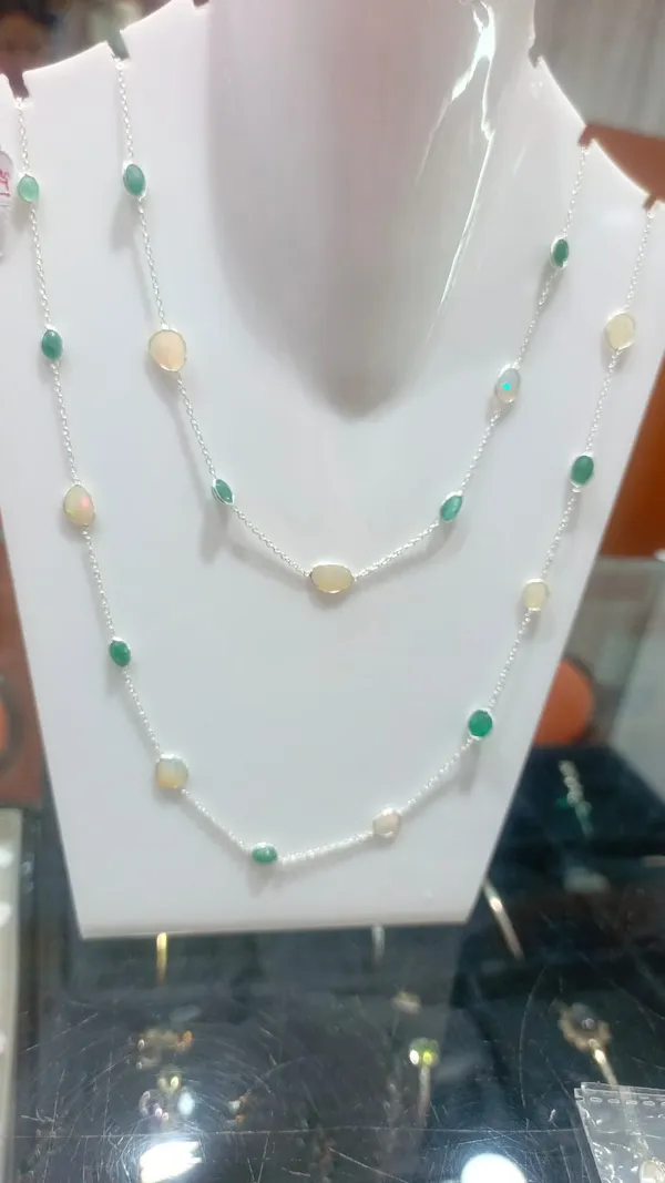 925_Silver_Jewellery_White_Opal_Emerald_Silver_Long_Chain_Necklace_For_Women