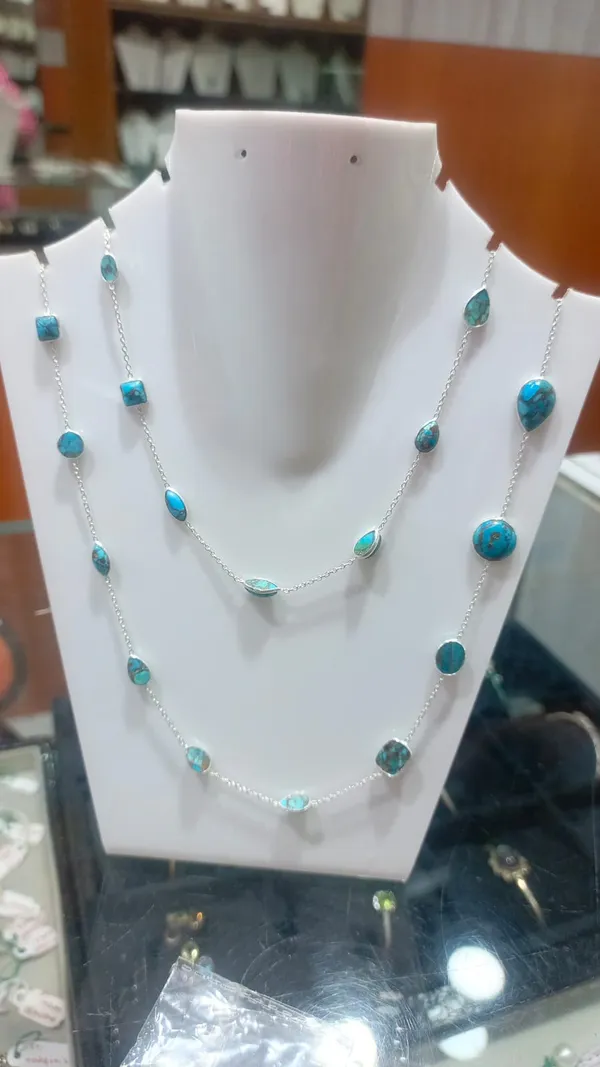 925_Silver_Jewellery_Blue_Turquoise_Silver_Long_Chain_Necklace_Set_For_Women