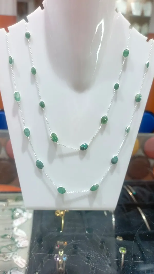 925_Silver_Jewellery_Green_Emerald_Silver_Long_Stone_Chain_Necklace_Set_For_Women