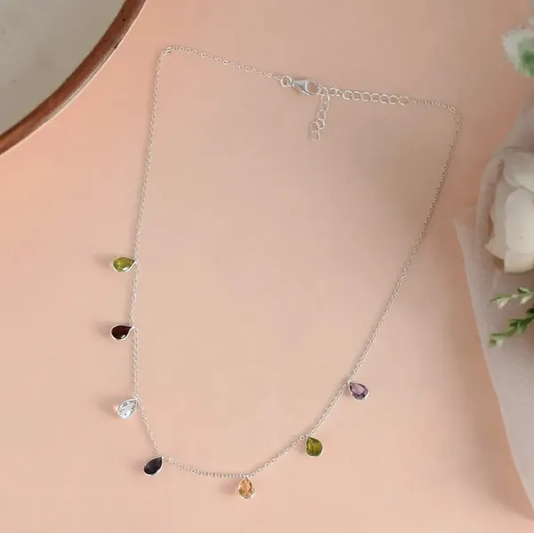 925_Silver_Jewellery_Multicolor_Gemstone_Silver_Chain_Drop_Necklace_For_Women