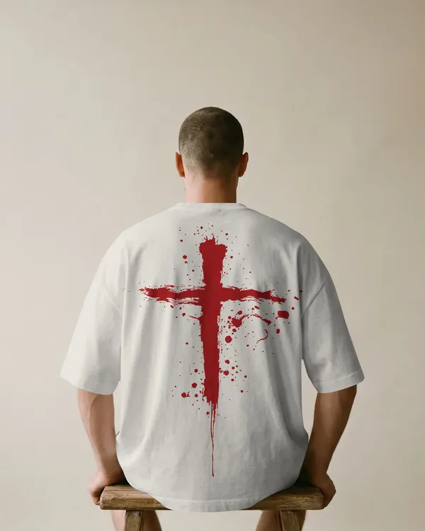 White_Cotton_Bloodstroke_Cross_Oversized_T-Shirt_|_Street_Creed