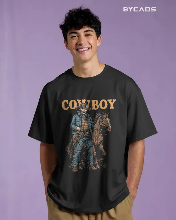 Black_Cotton_Cowboy_With_Horse_Oversized_Unisex_T-Shirt_|_Western_Partner_Graphic