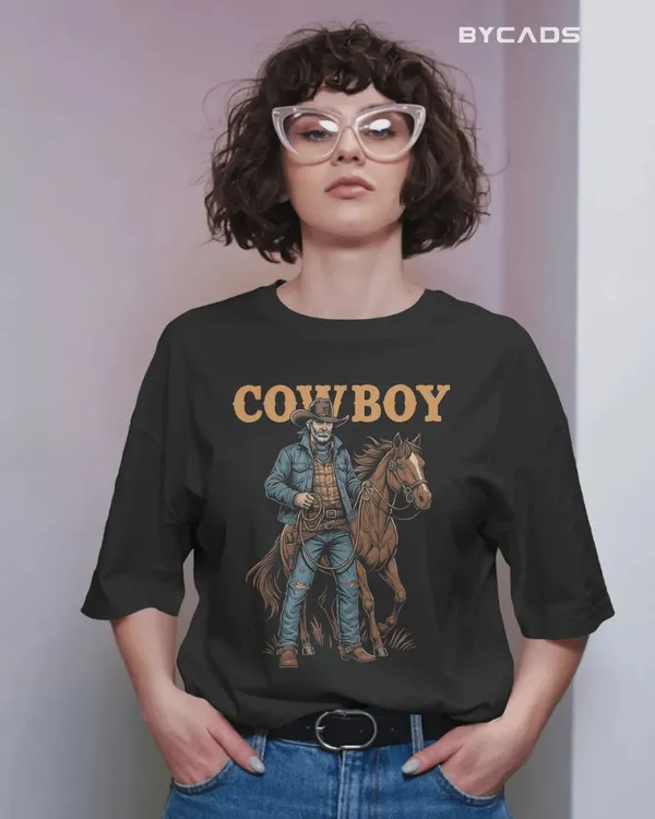 Black_Cotton_Cowboy_With_Horse_Oversized_Unisex_T-Shirt_|_Western_Partner_Graphic