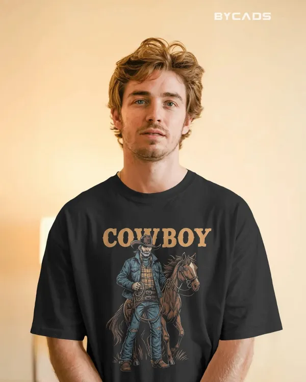 Black_Cotton_Cowboy_With_Horse_Oversized_Unisex_T-Shirt_|_Western_Partner_Graphic
