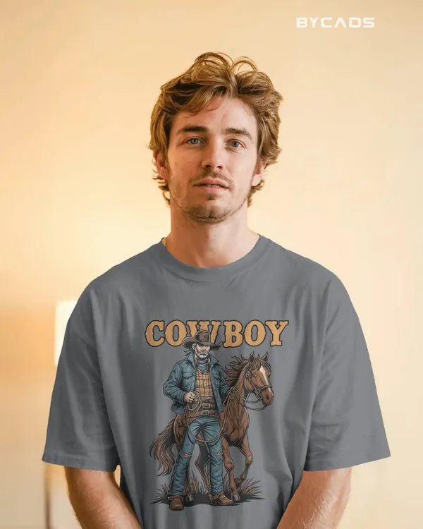 Grey_Cotton_Cowboy_With_Horse_Oversized_Unisex_T-Shirt_|_Western_Partner_Graphic