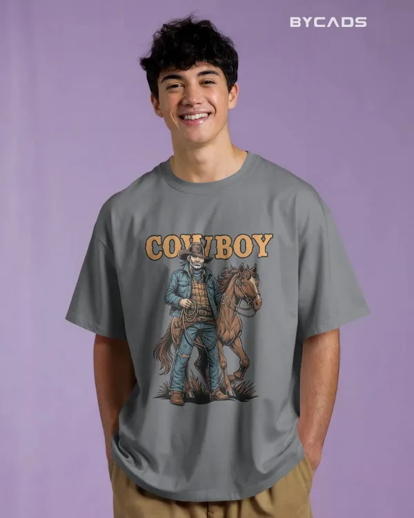 Grey_Cotton_Cowboy_With_Horse_Oversized_Unisex_T-Shirt_|_Western_Partner_Graphic