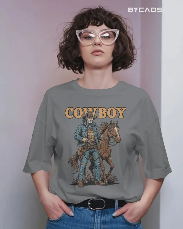 Grey_Cotton_Cowboy_With_Horse_Oversized_Unisex_T-Shirt_|_Western_Partner_Graphic