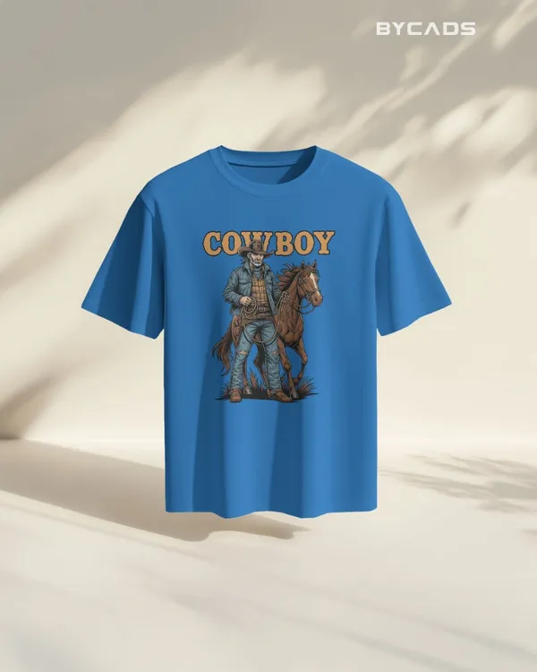 Blue_Cotton_Cowboy_With_Horse_Oversized_Unisex_T-Shirt_|_Western_Partner_Graphic
