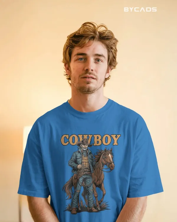 Blue_Cotton_Cowboy_With_Horse_Oversized_Unisex_T-Shirt_|_Western_Partner_Graphic