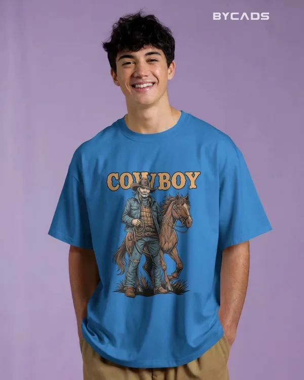 Blue_Cotton_Cowboy_With_Horse_Oversized_Unisex_T-Shirt_|_Western_Partner_Graphic