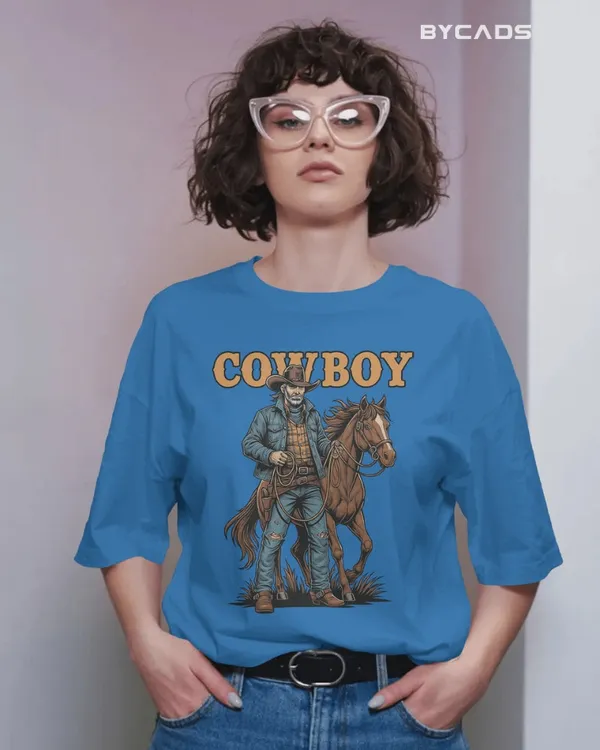 Blue_Cotton_Cowboy_With_Horse_Oversized_Unisex_T-Shirt_|_Western_Partner_Graphic
