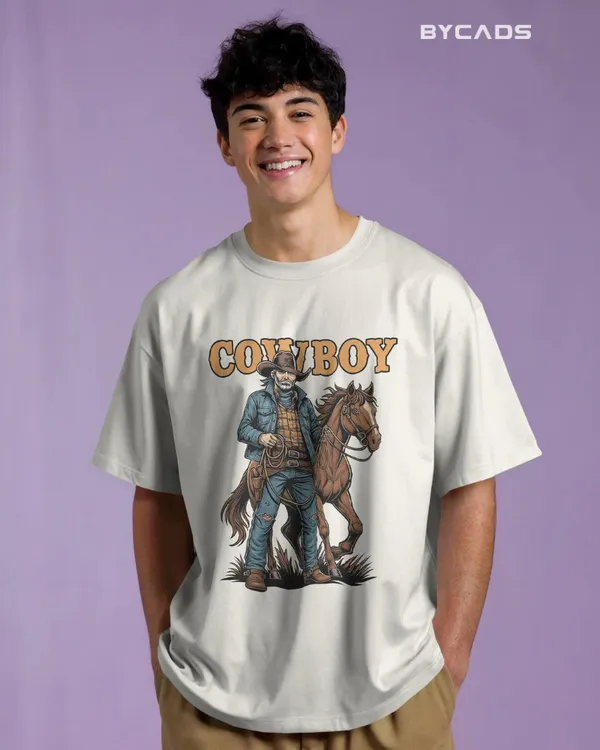 White_Cotton_Cowboy_With_Horse_Oversized_Unisex_T-Shirt_|_Western_Partner_Graphic