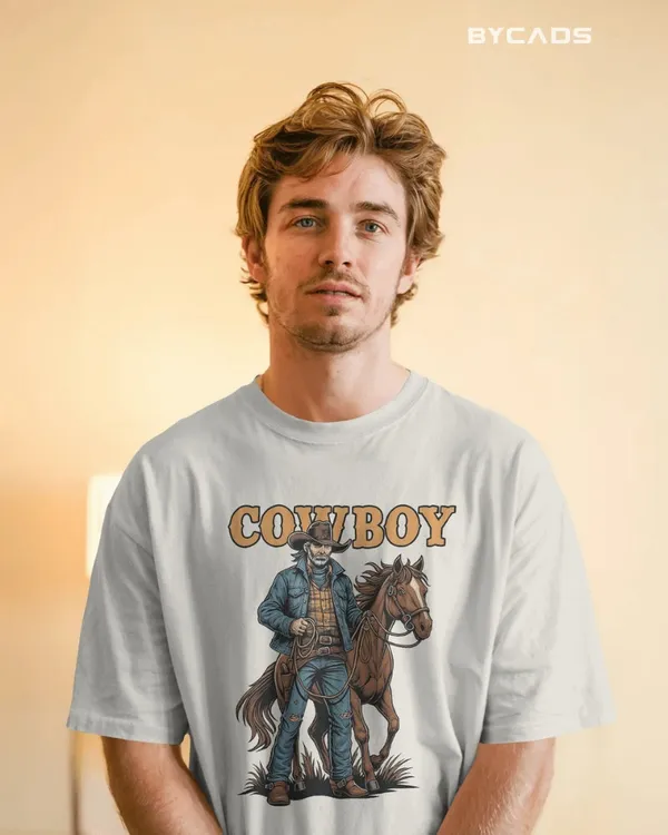 White_Cotton_Cowboy_With_Horse_Oversized_Unisex_T-Shirt_|_Western_Partner_Graphic