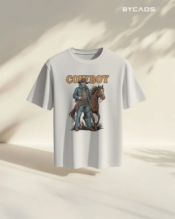 White_Cotton_Cowboy_With_Horse_Oversized_Unisex_T-Shirt_|_Western_Partner_Graphic