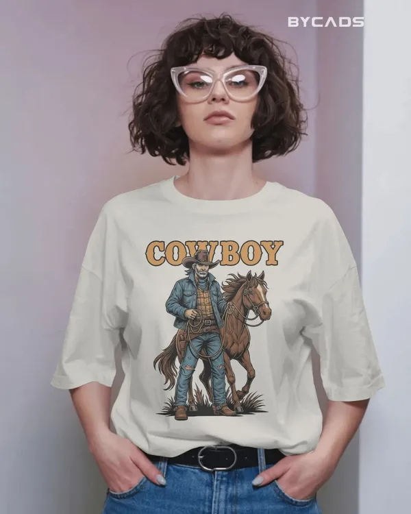 White_Cotton_Cowboy_With_Horse_Oversized_Unisex_T-Shirt_|_Western_Partner_Graphic