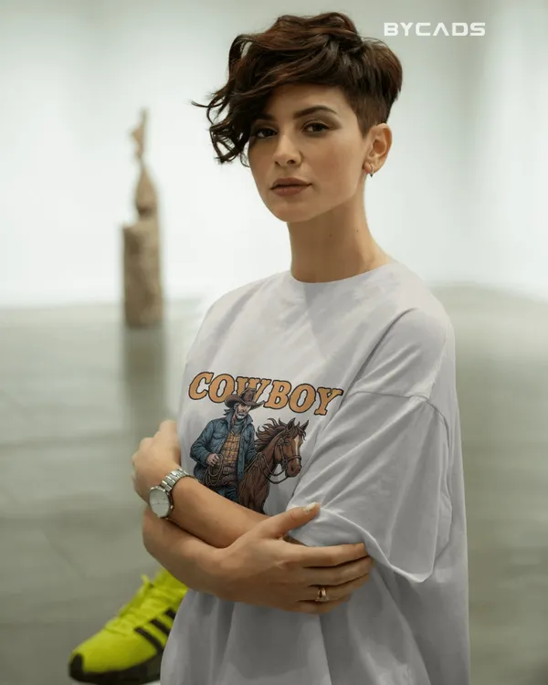 White_Cotton_Cowboy_With_Horse_Oversized_Unisex_T-Shirt_|_Western_Partner_Graphic