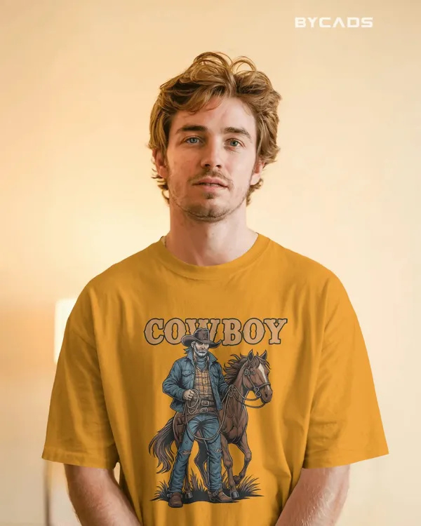 Yellow_Cotton_Cowboy_With_Horse_Oversized_Unisex_T-Shirt_|_Western_Partner_Graphic