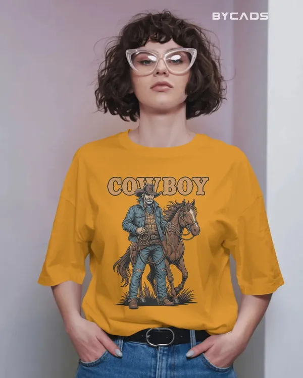 Yellow_Cotton_Cowboy_With_Horse_Oversized_Unisex_T-Shirt_|_Western_Partner_Graphic