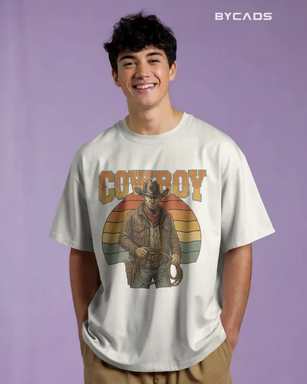 White_Cotton_Retro_Cowboy_Oversized_Unisex_T-Shirt_|_Vintage_Western_Style