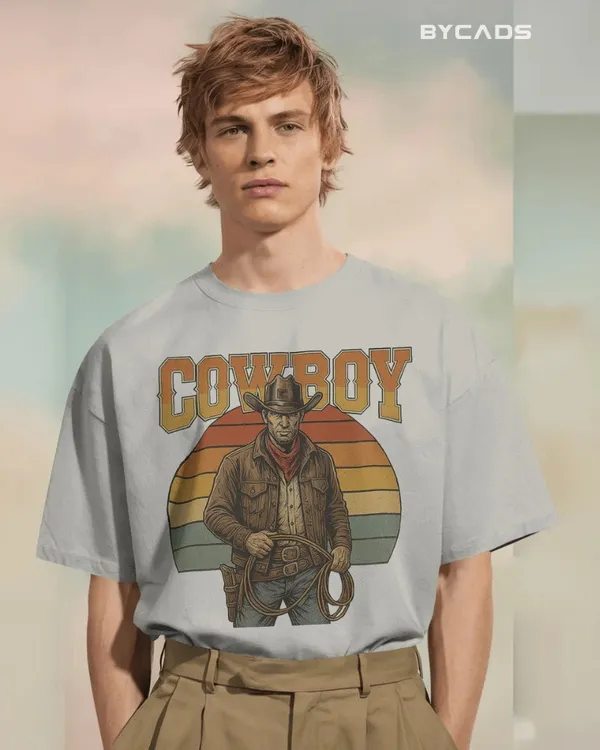 White_Cotton_Retro_Cowboy_Oversized_Unisex_T-Shirt_|_Vintage_Western_Style