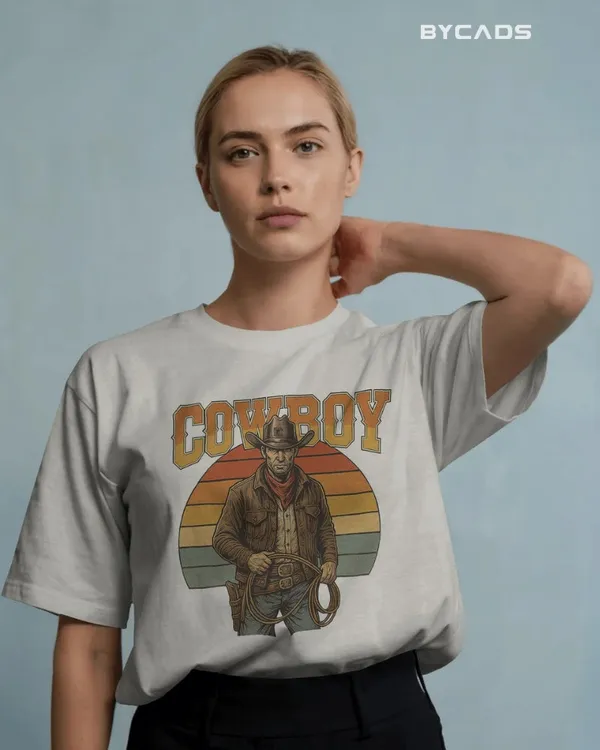 White_Cotton_Retro_Cowboy_Oversized_Unisex_T-Shirt_|_Vintage_Western_Style