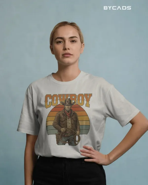 White_Cotton_Retro_Cowboy_Oversized_Unisex_T-Shirt_|_Vintage_Western_Style