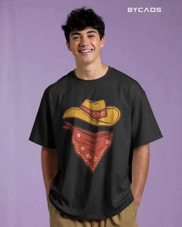 Black_Cotton_Minimal_Cowboy_Oversized_Unisex_T-Shirt_|_Western_Hat_And_Bandana