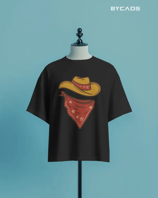 Black_Cotton_Minimal_Cowboy_Oversized_Unisex_T-Shirt_|_Western_Hat_And_Bandana