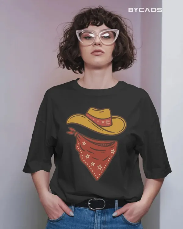 Black_Cotton_Minimal_Cowboy_Oversized_Unisex_T-Shirt_|_Western_Hat_And_Bandana