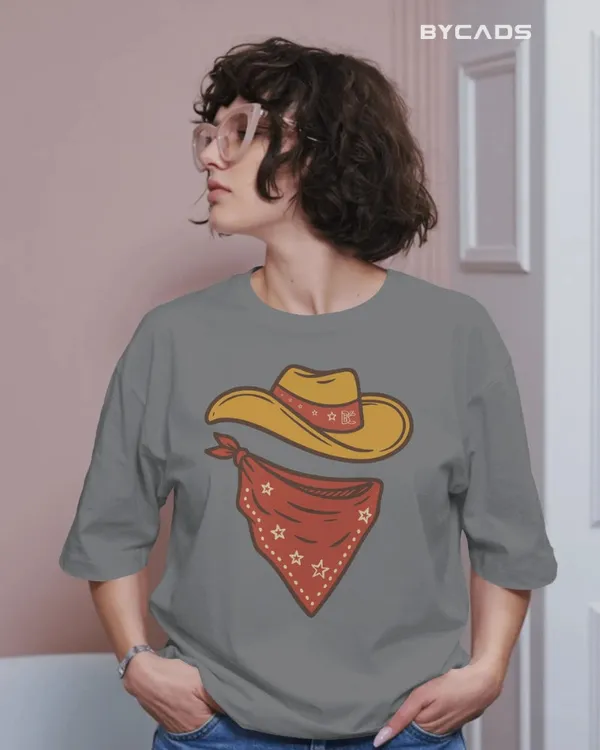 Grey_Cotton_Minimal_Cowboy_Oversized_Unisex_T-Shirt_|_Western_Hat_And_Bandana