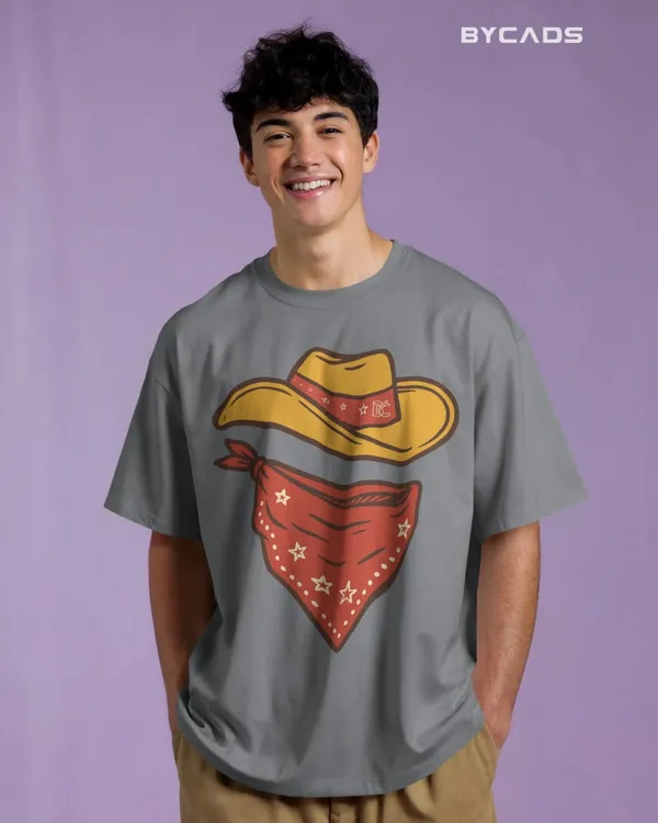 Grey_Cotton_Minimal_Cowboy_Oversized_Unisex_T-Shirt_|_Western_Hat_And_Bandana