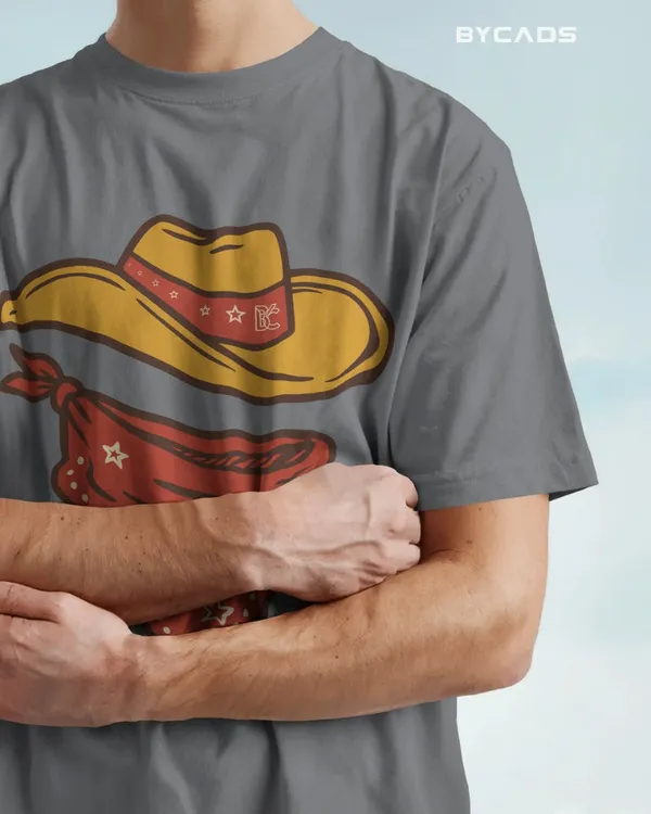 Grey_Cotton_Minimal_Cowboy_Oversized_Unisex_T-Shirt_|_Western_Hat_And_Bandana