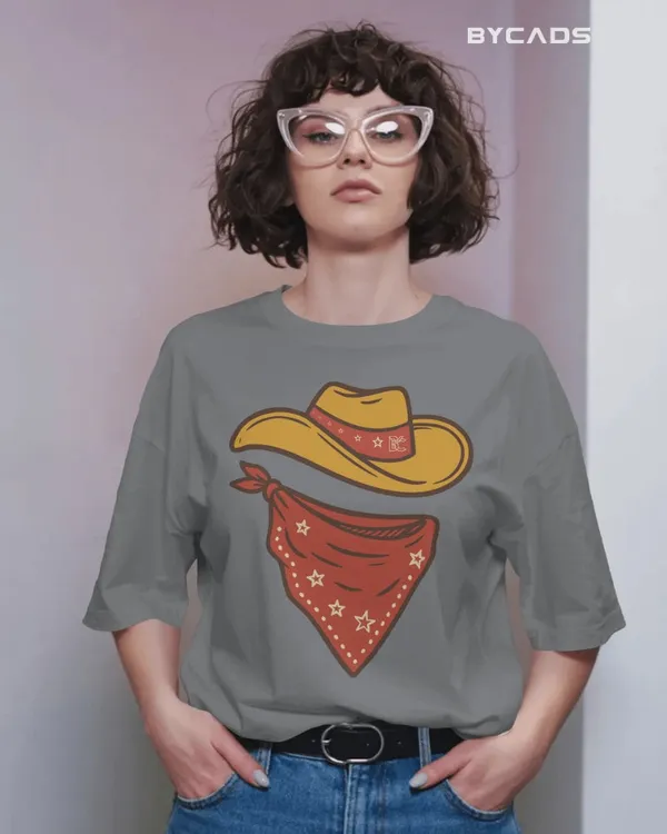Grey_Cotton_Minimal_Cowboy_Oversized_Unisex_T-Shirt_|_Western_Hat_And_Bandana